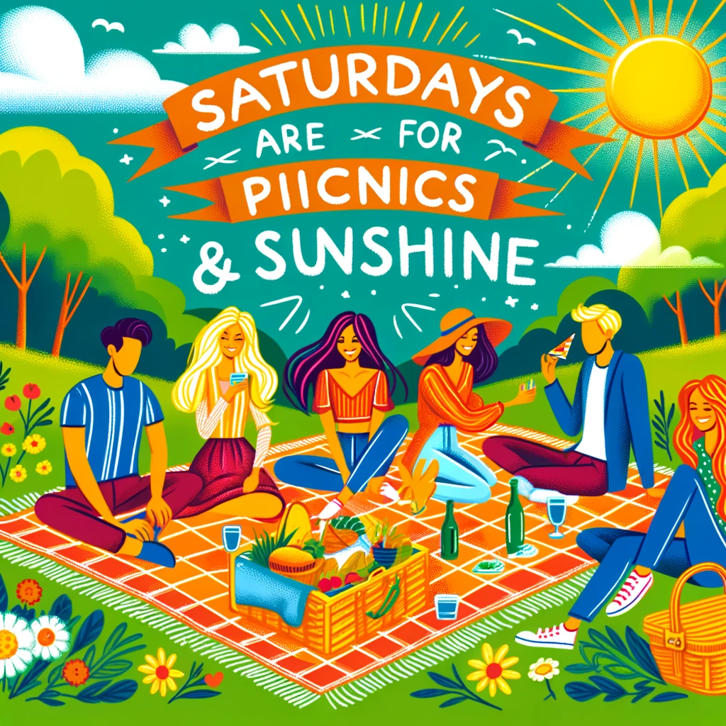 A vibrant illustration of a group of friends having a picnic in a park on a sunny day, with a blanket spread out and a basket full of food. The caption reads, 'Saturdays are for picnics and sunshine.'