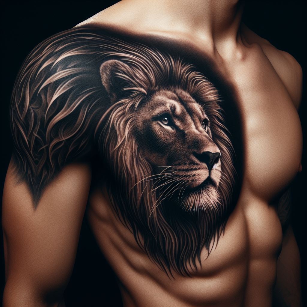 A striking ribcage tattoo of a lion's face, detailed with realistic shading and mane texture, symbolizing strength and leadership, artfully placed along a man's side of the ribcage.