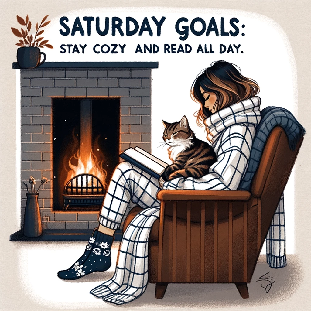 A digital drawing of a person in cozy attire, curled up in an armchair with a cat on their lap, reading a book by the fireplace. The caption reads, 'Saturday goals: Stay cozy and read all day.'