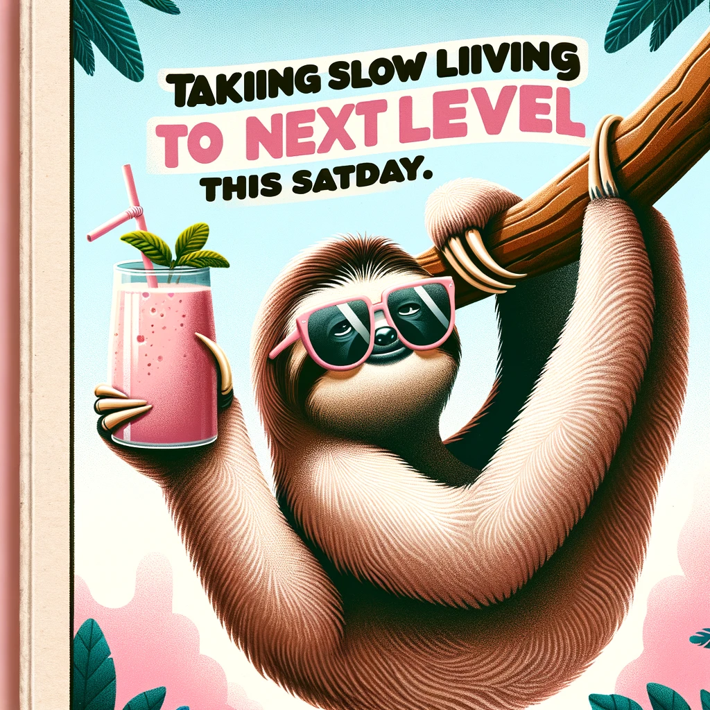 A humorous illustration of a sloth hanging from a tree branch, wearing sunglasses and holding a smoothie, with a tropical background. The caption reads, 'Taking slow living to the next level this Saturday.'