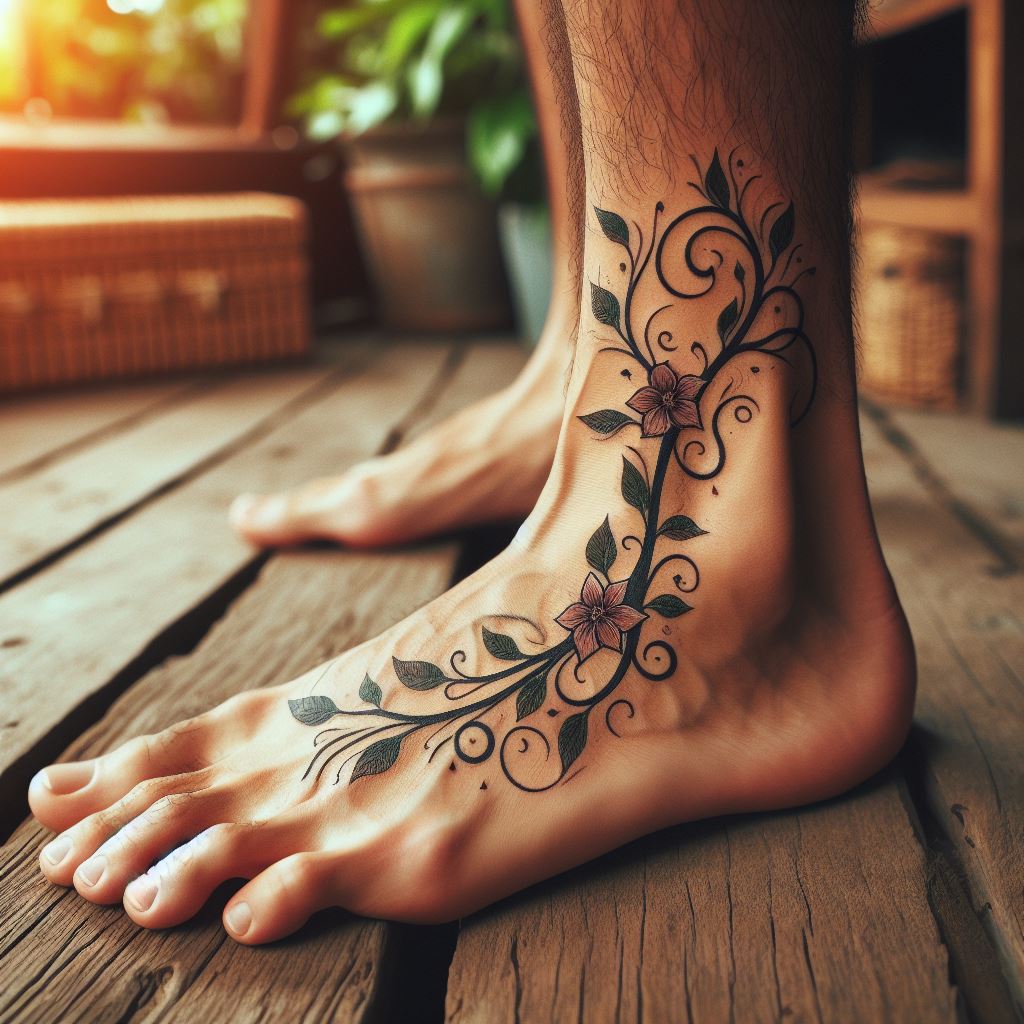 An artistic ankle tattoo consisting of a delicate vine with leaves and flowers wrapping around a man's ankle, symbolizing growth and renewal, with a touch of nature-inspired beauty.