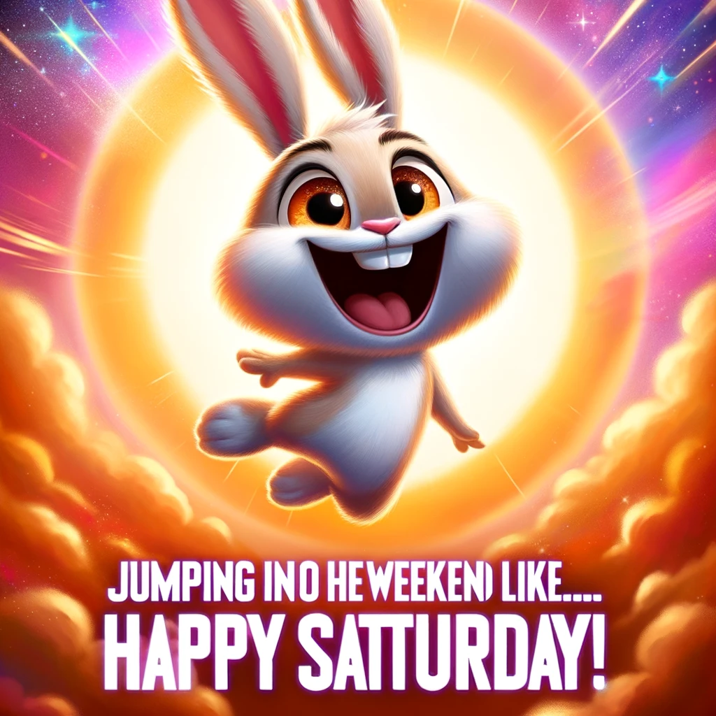 A digital artwork of an excited cartoon rabbit jumping in the air with a backdrop of a bright, sunny sky. The caption reads, 'Jumping into the weekend like... Happy Saturday!'