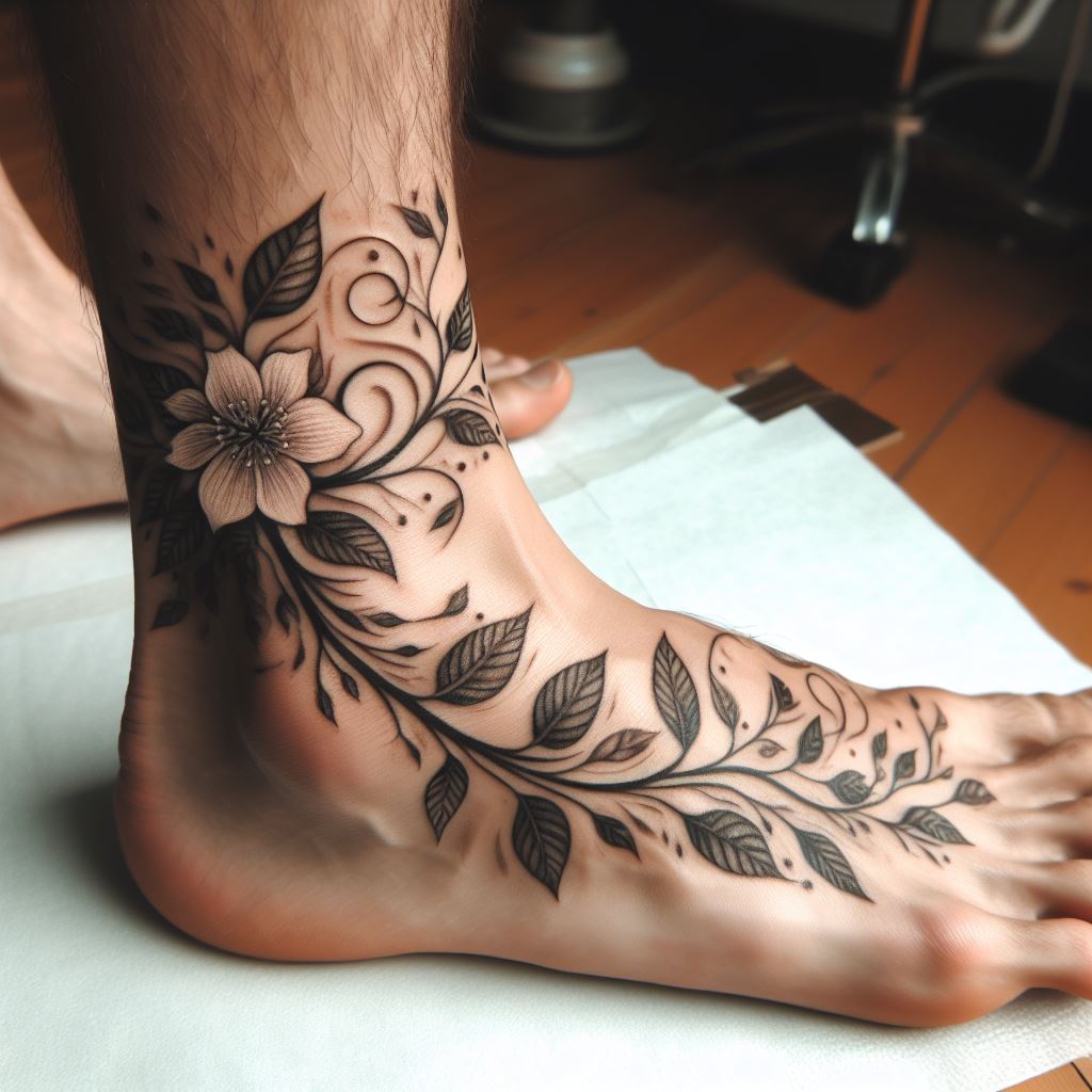 An artistic ankle tattoo consisting of a delicate vine with leaves and flowers wrapping around a man's ankle, symbolizing growth and renewal, with a touch of nature-inspired beauty.