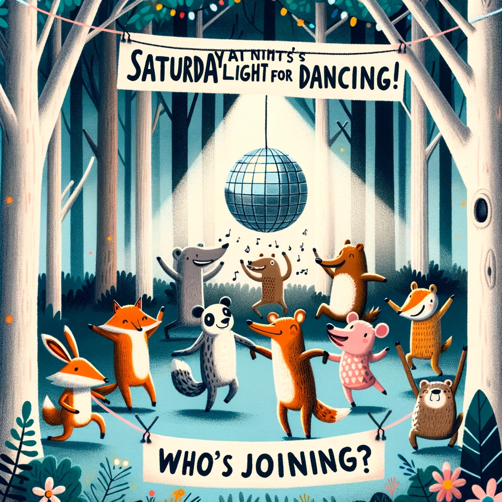 A playful image of a group of cartoon animals having a dance party in a forest clearing, with a disco ball hanging from a tree. The caption reads, 'Saturday night's alright for dancing! Who's joining?'