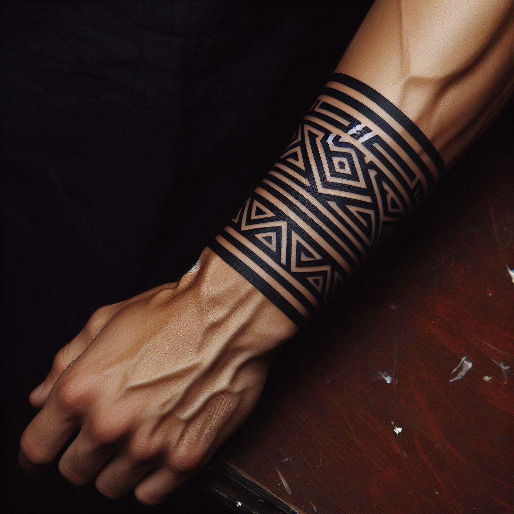 A bold forearm band tattoo, featuring a thick, black line that encircles a man's forearm, with tribal or geometric patterns adding visual interest and personal meaning to the simple yet striking design.