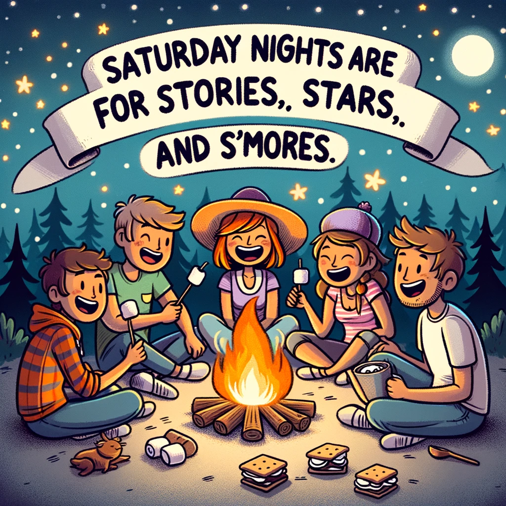 A cartoon of a group of friends sitting around a campfire under the stars, roasting marshmallows and laughing together. The caption reads, 'Saturday nights are for stories, stars, and s'mores.'