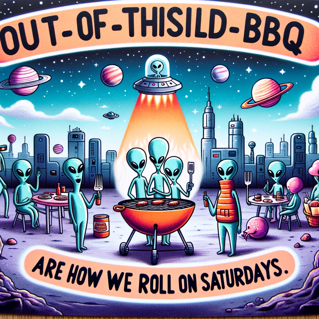 A quirky illustration of a group of aliens having a barbecue on another planet, with a futuristic cityscape in the background. The caption reads, 'Out-of-this-world BBQs are how we roll on Saturdays.'