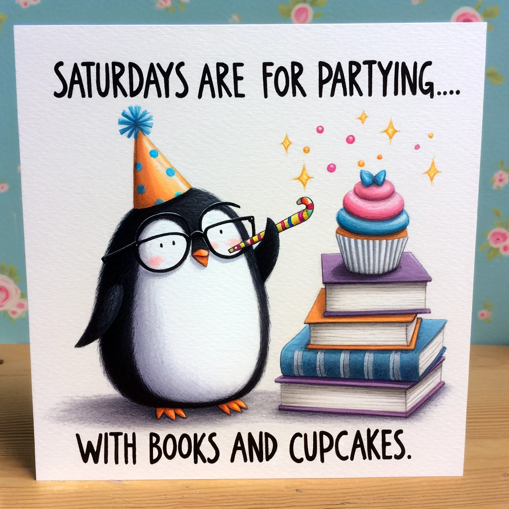 A whimsical illustration of a penguin wearing a party hat and blowing a party horn, standing next to a pile of books and a cupcake. The caption reads, 'Saturdays are for partying... with books and cupcakes.'
