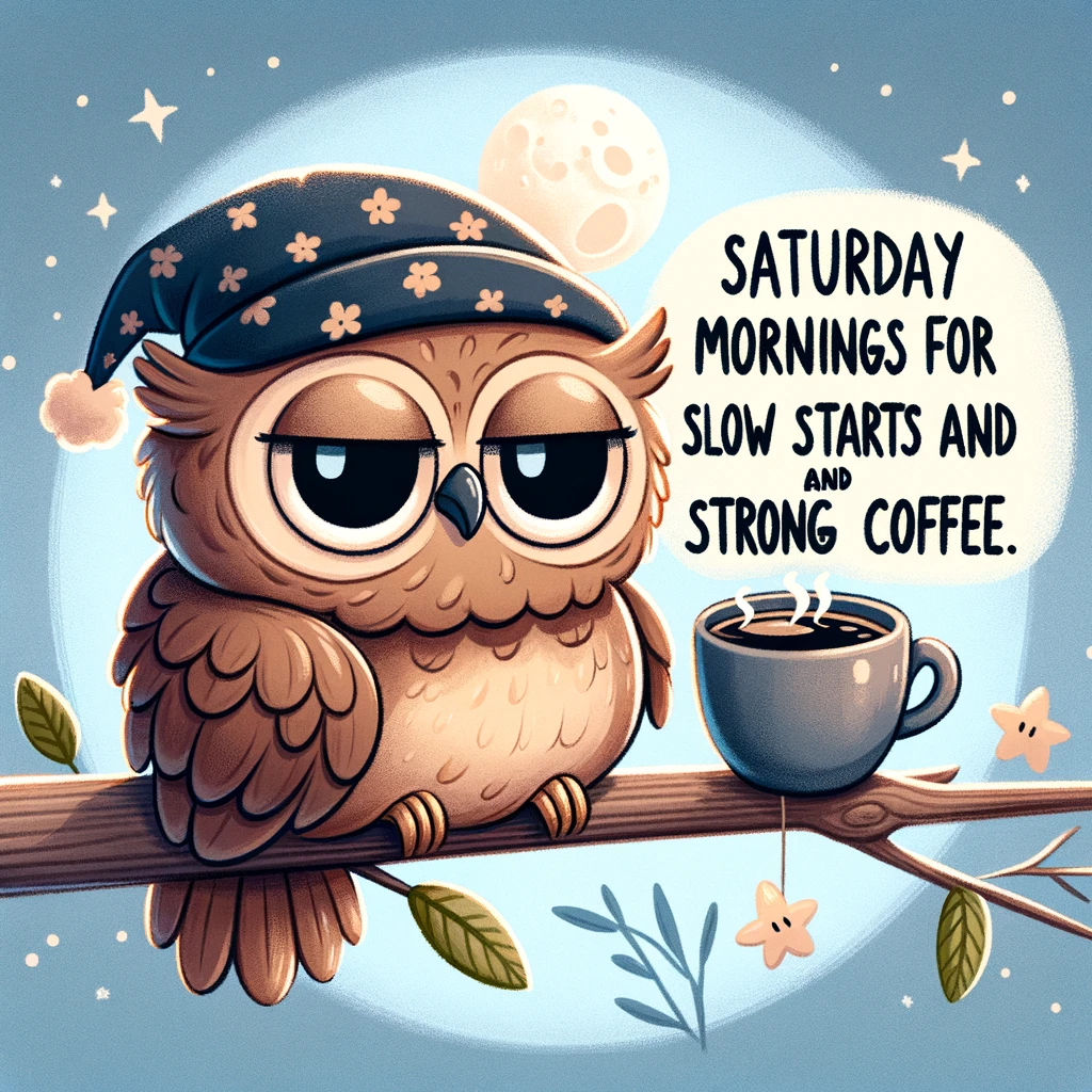 A cartoon of a sleepy owl in a nightcap, perched on a branch with a cup of coffee, with the moon in the background. The caption reads, 'Saturday mornings are for slow starts and strong coffee.'
