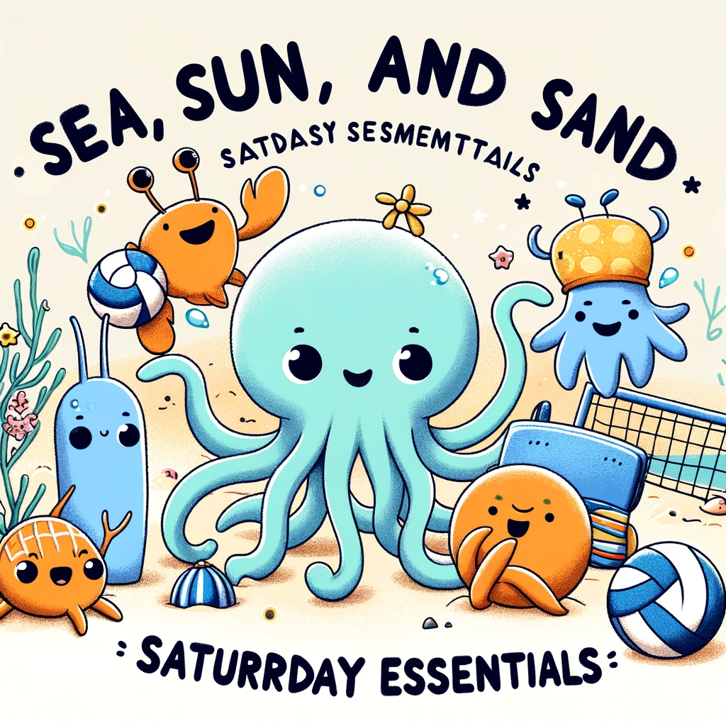A playful illustration of a group of cartoon sea creatures having a beach party, with volleyball and a surfboard. The caption reads, 'Sea, sun, and sand: Saturday essentials.'
