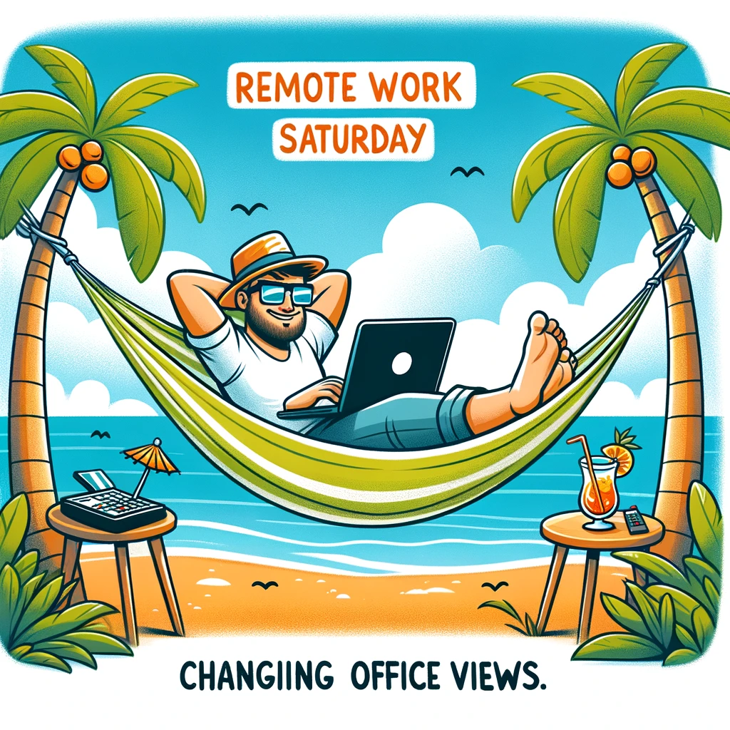 An illustration of a cartoon character lounging in a hammock between two palm trees, with a laptop and a tropical drink. The caption reads, 'Remote work Saturday: Changing office views.'