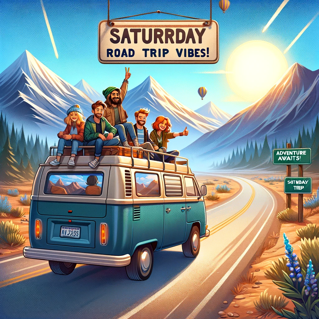 A digital painting of a group of cartoon friends on a road trip in a van, surrounded by mountains and a clear blue sky. The caption reads, 'Adventure awaits! Saturday road trip vibes.'