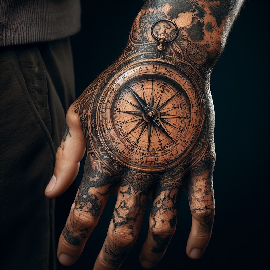 A detailed hand tattoo showcasing a compass and map, symbolizing guidance and a love for travel, intricately placed on a man's back of the hand.