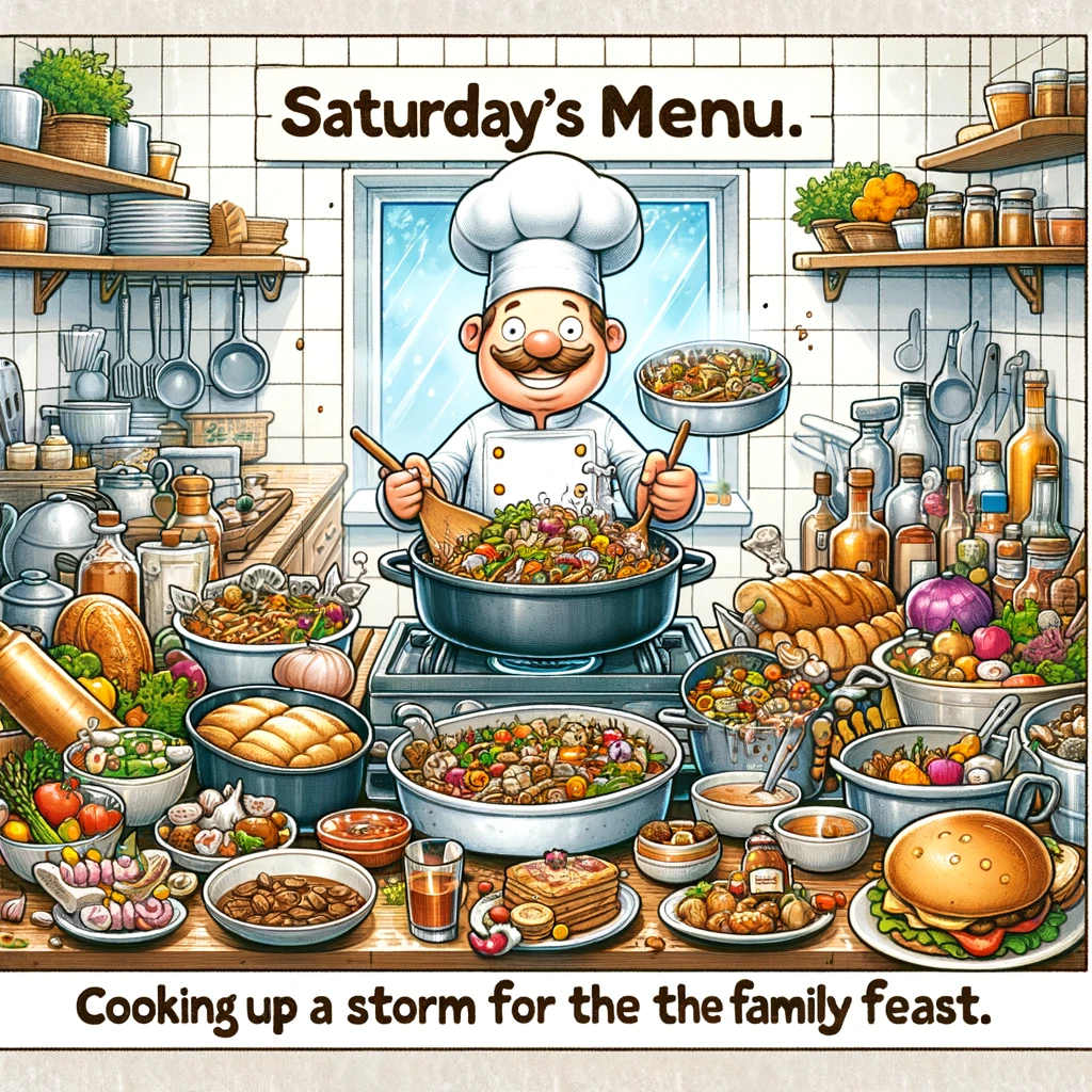 An illustration of a cartoon chef cooking a large feast in a kitchen, surrounded by various dishes and ingredients. The caption reads, 'Saturday's menu: Cooking up a storm for the family feast.'
