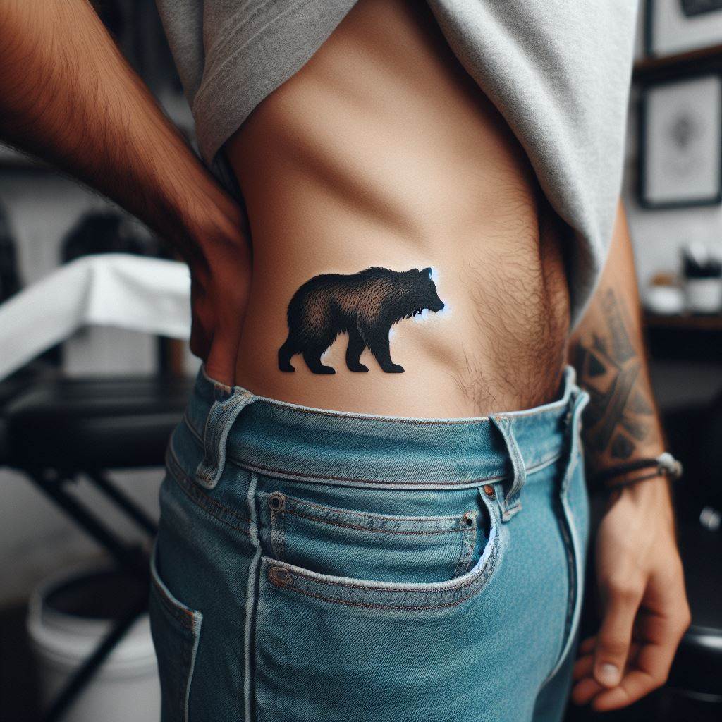 A hip tattoo of a small, geometric animal silhouette, such as a wolf or bear, representing strength and instinct, neatly positioned on a man's hip for a subtle yet meaningful addition.