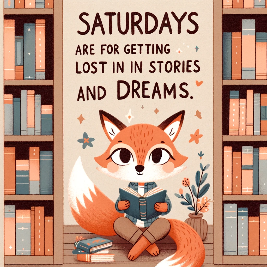 A charming illustration of a cartoon fox sitting in a library, surrounded by shelves of books, reading intently. The caption reads, 'Saturdays are for getting lost in stories and dreams.'