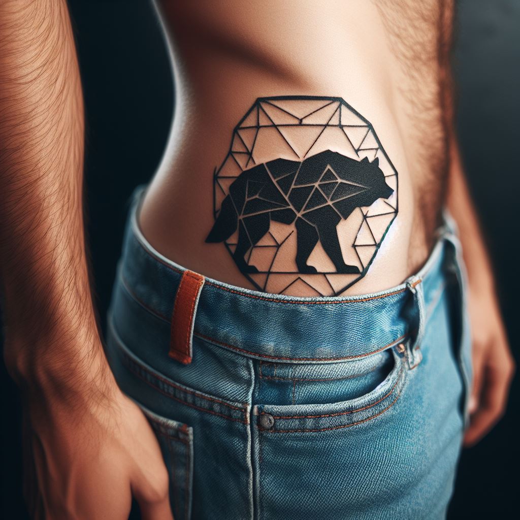 A hip tattoo of a small, geometric animal silhouette, such as a wolf or bear, representing strength and instinct, neatly positioned on a man's hip for a subtle yet meaningful addition.