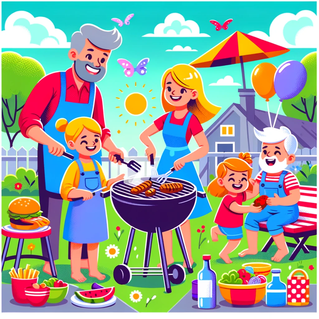 A colorful illustration of a cartoon family having a backyard barbecue, with kids playing and adults grilling. The caption reads, 'Saturdays are for family, fun, and barbecue.'