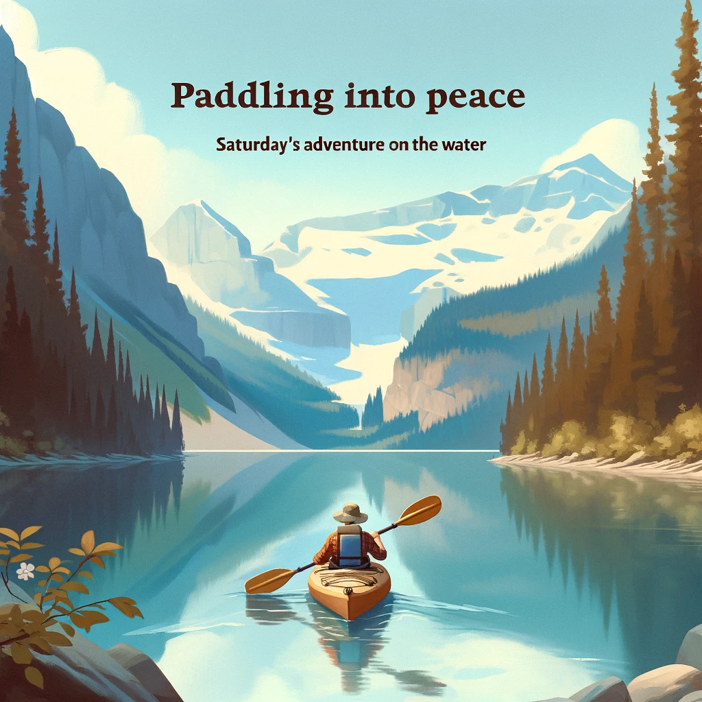 A digital painting of a serene lake with a person kayaking, surrounded by mountains and trees. The caption reads, 'Paddling into peace: Saturday's adventure on the water.'