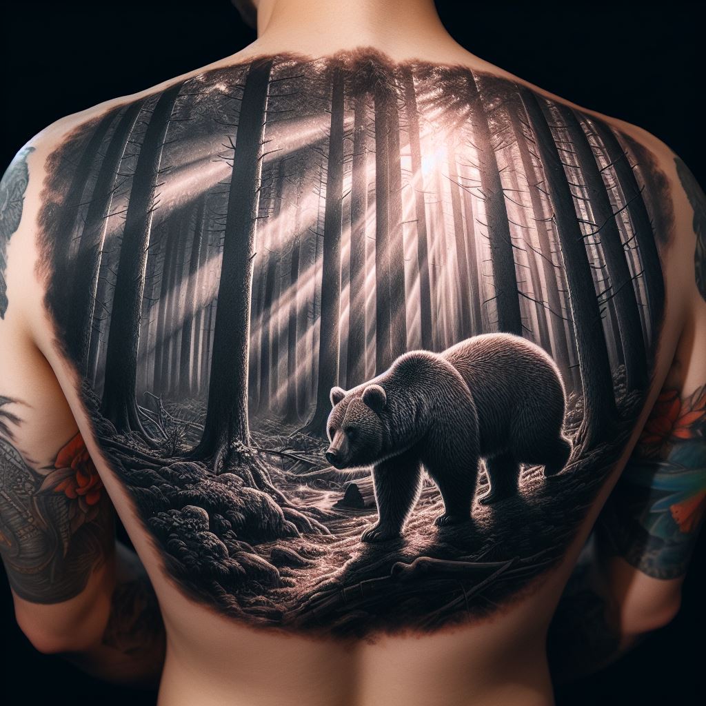 A large, intricately detailed tattoo of a bear in a forest setting, covering the entire back. The scene depicts the bear walking through a dense forest, with rays of light piercing through the trees above. The tattoo highlights the bear's connection to the wilderness, using deep contrasts to bring the scene to life, symbolizing introspection and the journey through life.
