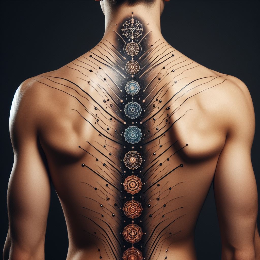 A captivating spine tattoo, running down the length of a man's back, with a series of aligned chakras or symbolic icons that represent balance, energy, and spirituality, presented in a vertical alignment.