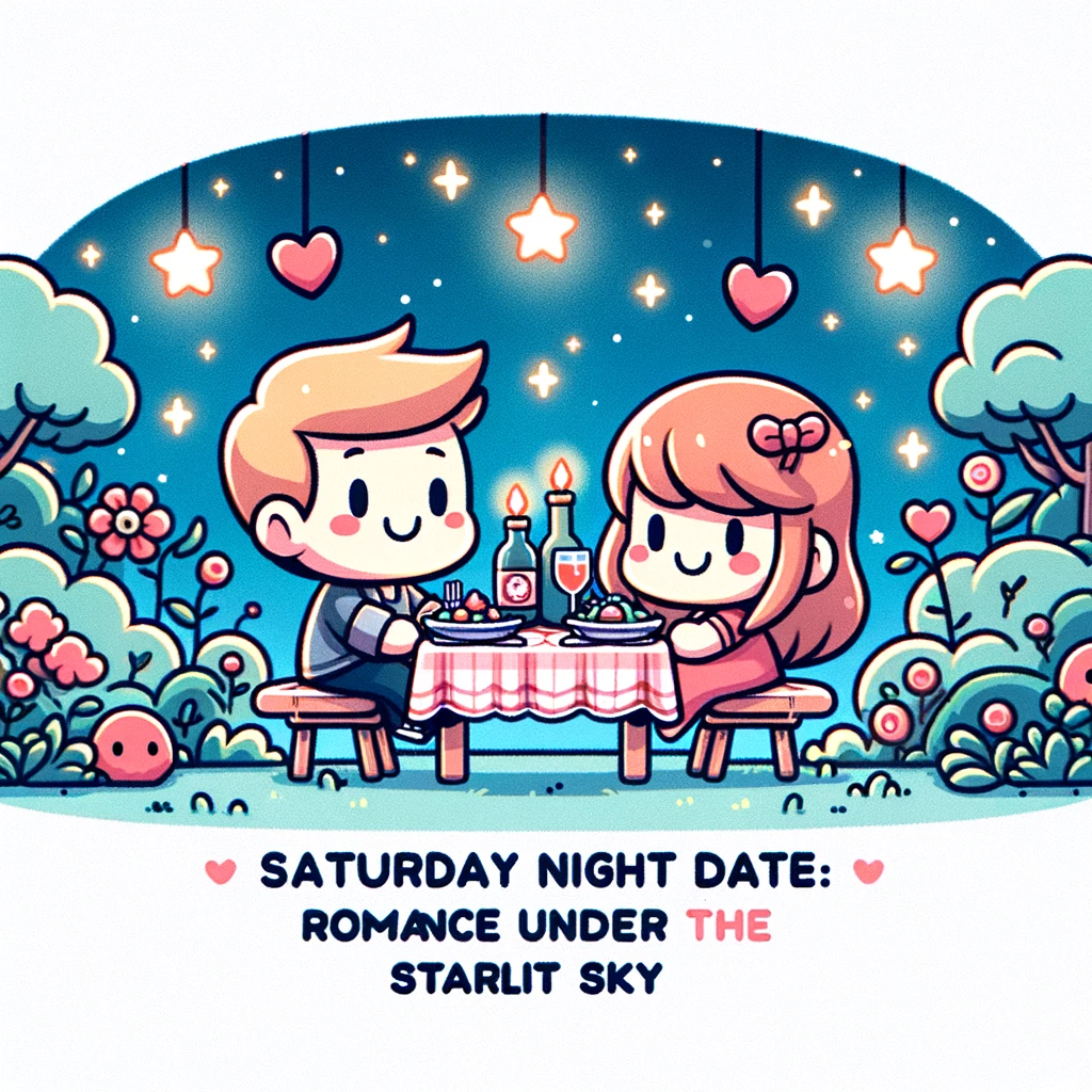 An illustration of a cartoon couple having a romantic dinner under the stars, with a small table and candles. The caption reads, 'Saturday night date: Romance under the starlit sky.'