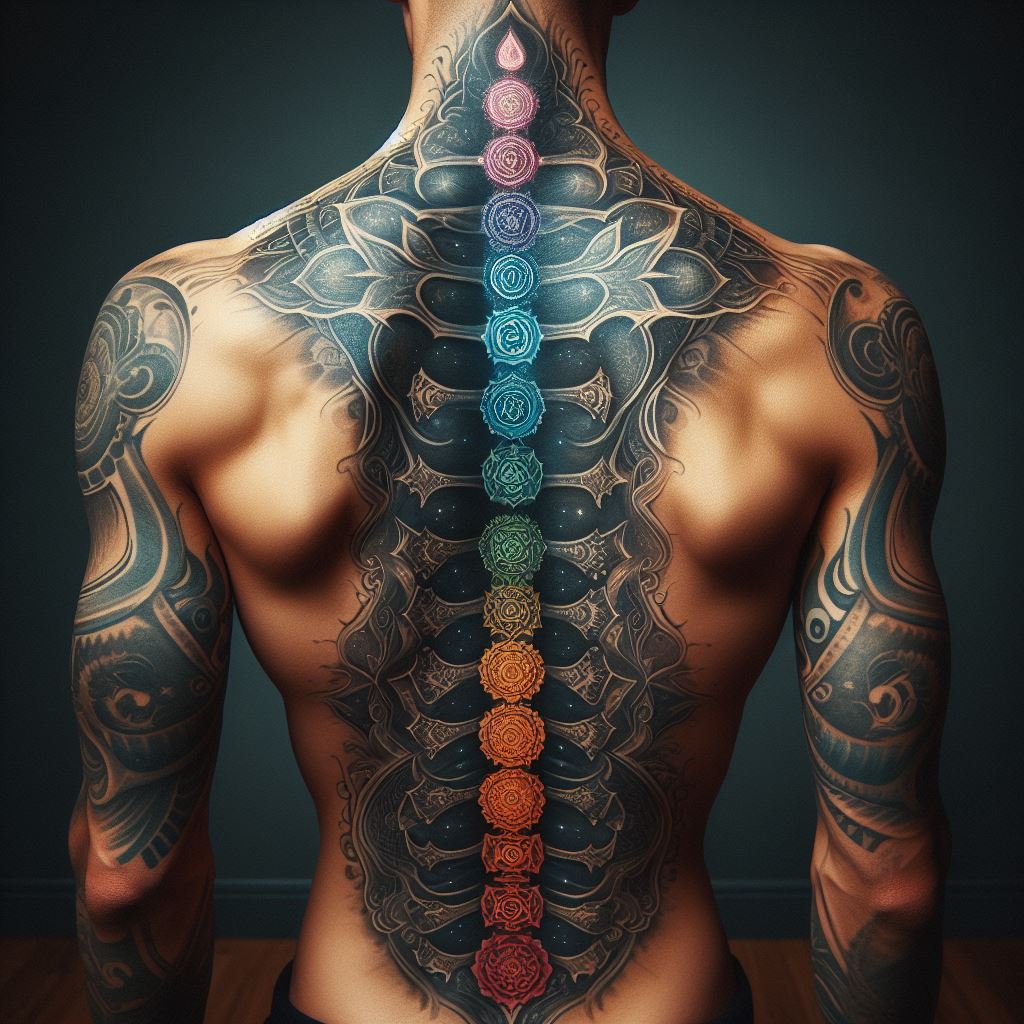 A captivating spine tattoo, running down the length of a man's back, with a series of aligned chakras or symbolic icons that represent balance, energy, and spirituality, presented in a vertical alignment.