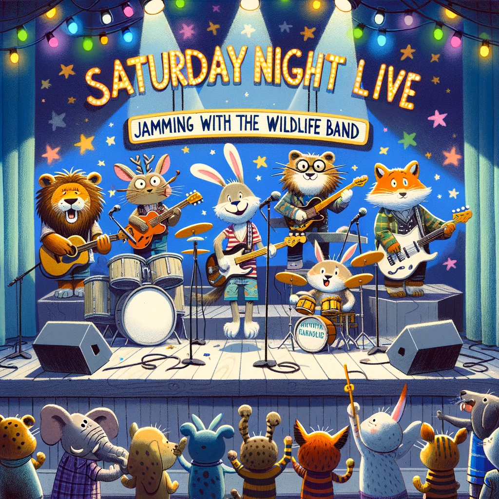 A whimsical illustration of a group of cartoon animals playing musical instruments in a band, on a stage with colorful lights. The caption reads, 'Saturday night live: Jamming with the wildlife band.'