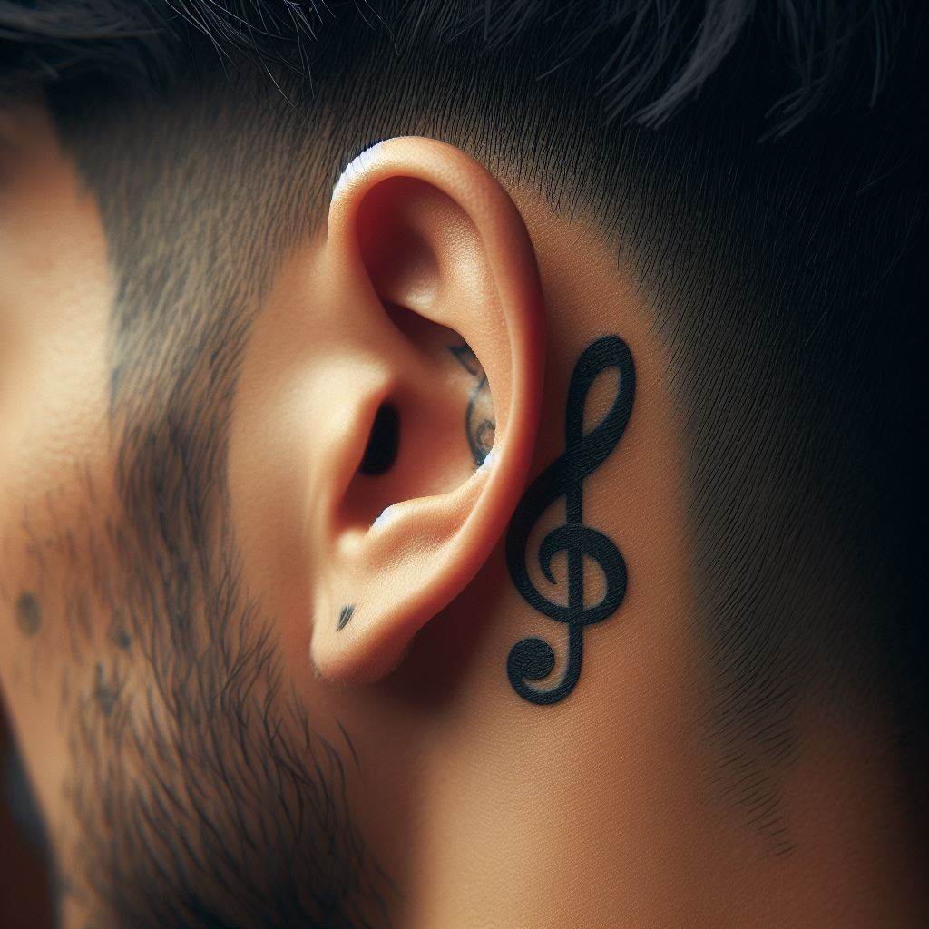 A unique man's behind-the-ear tattoo of a small musical note or treble clef, symbolizing a passion for music and sound, discreetly placed for a personal touch that's easily concealed or revealed.