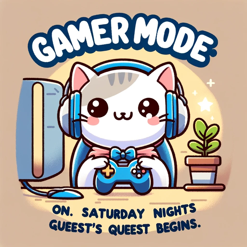 A cute illustration of a cartoon cat sitting in front of a computer, wearing headphones and holding a game controller. The caption reads, 'Gamer mode: ON. Saturday night's quest begins.'