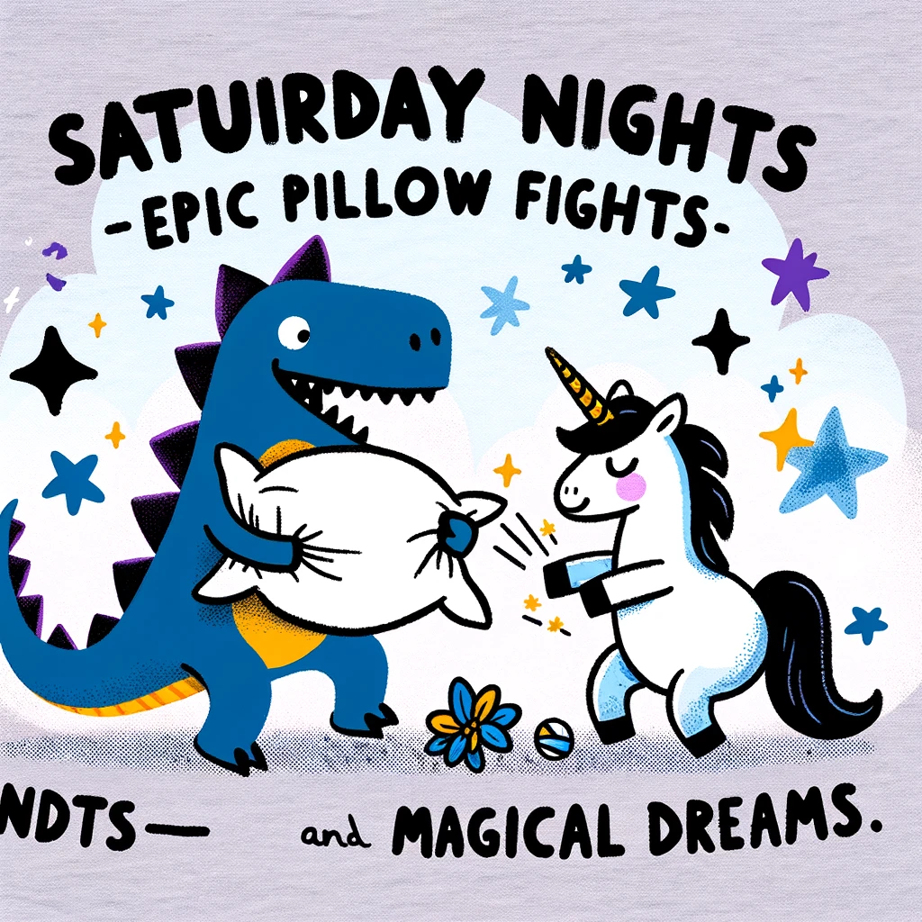 A funny illustration of a cartoon dinosaur in pajamas, having a pillow fight with a unicorn. The caption reads, 'Saturday nights: Epic pillow fights and magical dreams.'