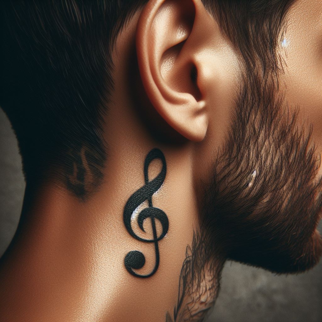 A unique man's behind-the-ear tattoo of a small musical note or treble clef, symbolizing a passion for music and sound, discreetly placed for a personal touch that's easily concealed or revealed.