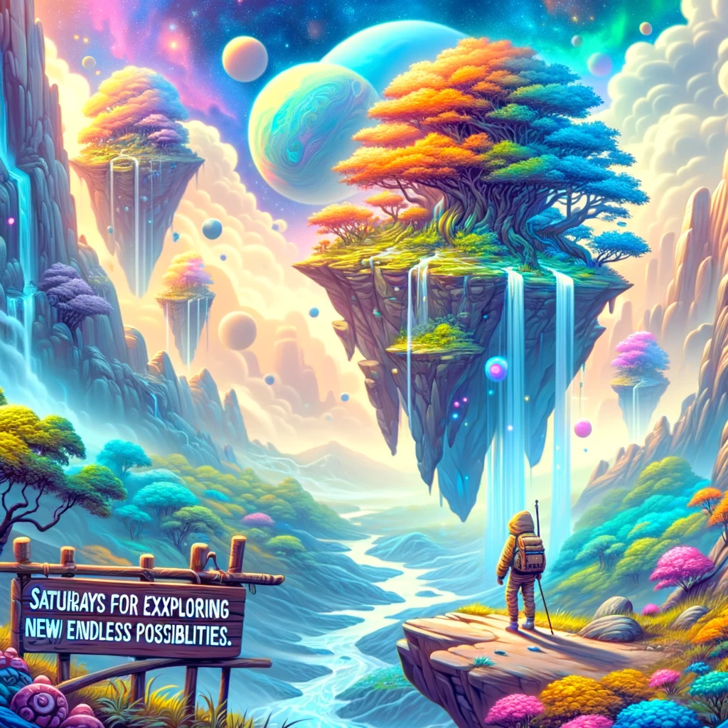 A colorful digital painting of a fantasy landscape with floating islands and a waterfall. A cartoon adventurer is seen exploring the scene. The caption reads, 'Saturdays are for exploring new worlds and endless possibilities.'