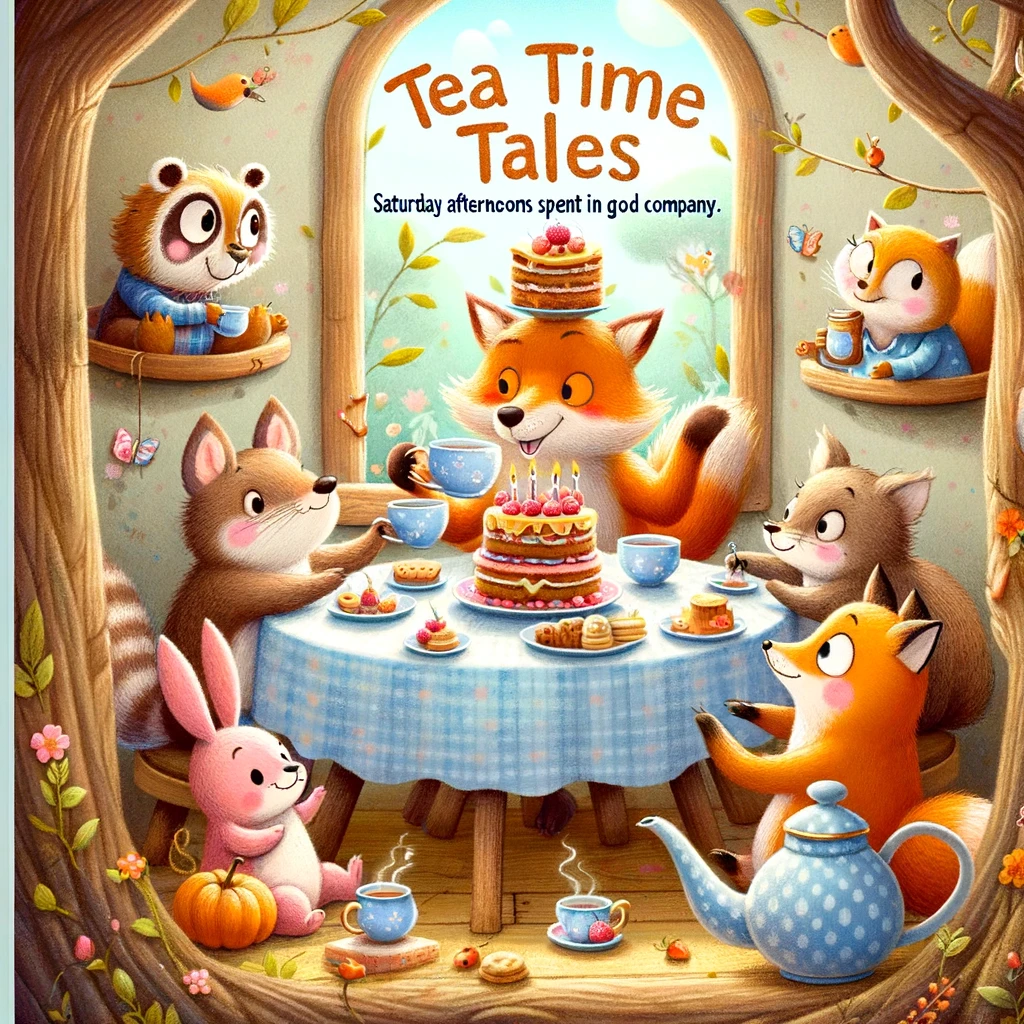 A whimsical cartoon of a group of animals having a tea party in a treehouse, with cakes and teapots on the table. The caption reads, 'Tea time tales: Saturday afternoons spent in good company.'