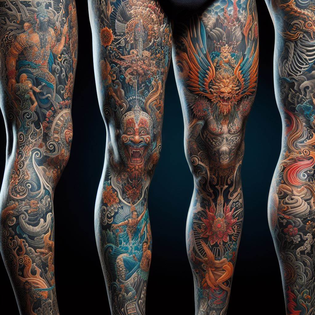 An elaborate full leg sleeve tattoo, blending various elements like mythical creatures, ancient warriors, and floral motifs, creating a stunning tapestry of art that covers a man's entire leg from thigh to ankle.