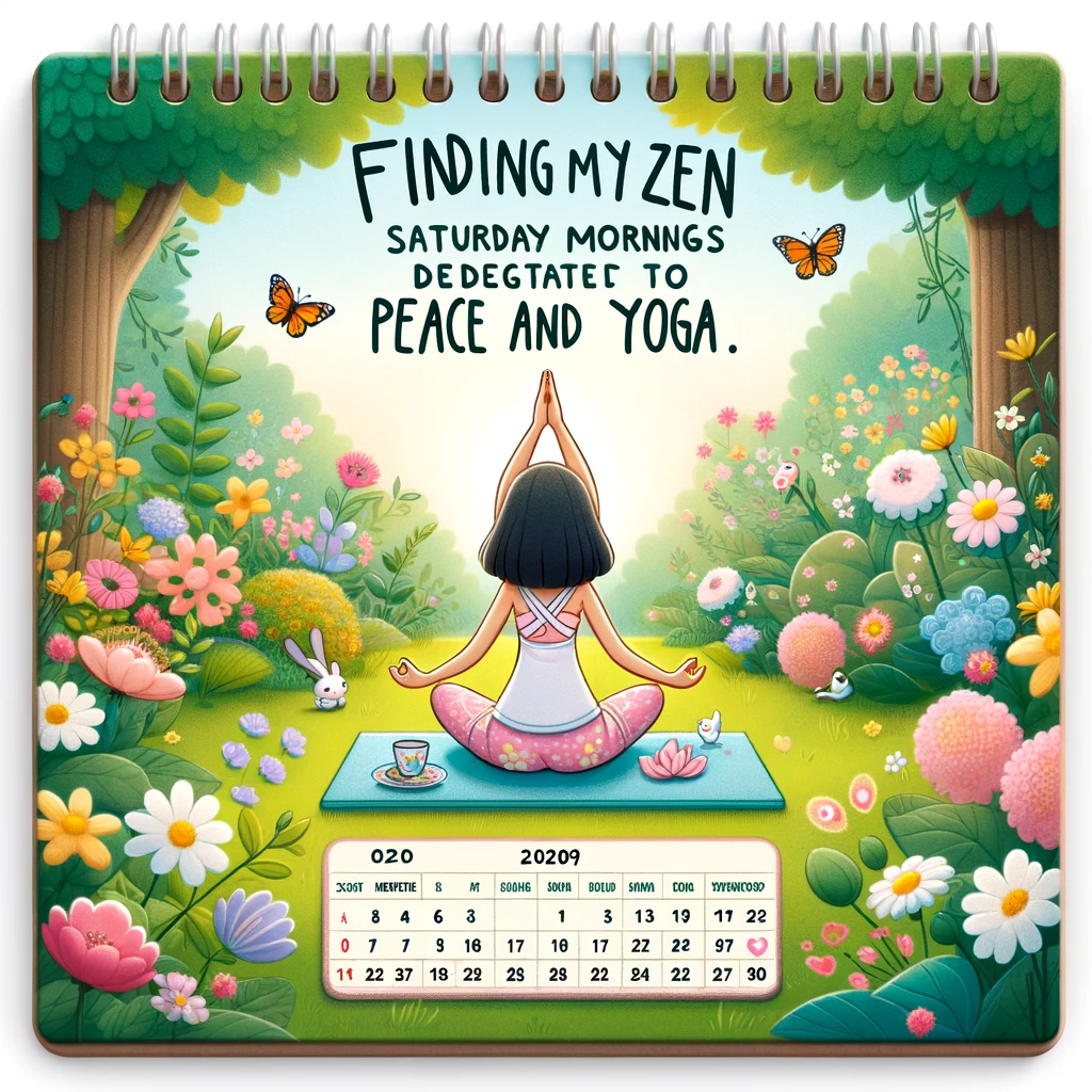 A digital artwork of a peaceful garden with a cartoon character practicing yoga among flowers and butterflies. The caption reads, 'Finding my zen: Saturday mornings dedicated to peace and yoga.'