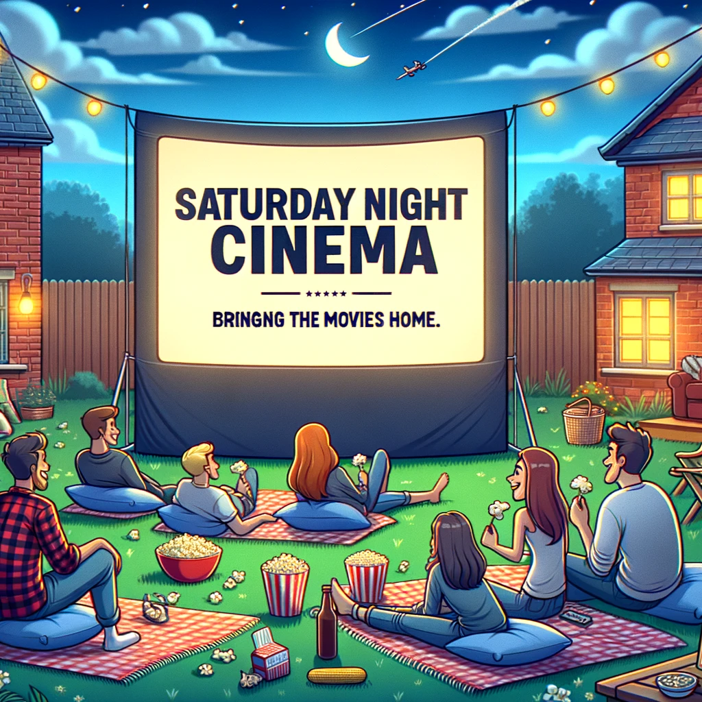 A cartoon of a group of friends having an outdoor movie night, with a large screen set up in a backyard, blankets, and popcorn. The caption reads, 'Saturday night cinema: Bringing the movies home.'