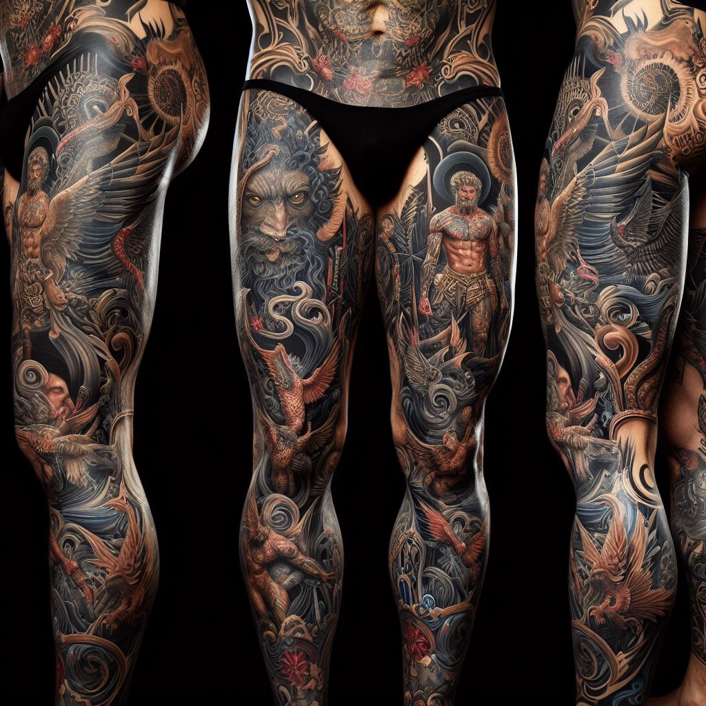 An elaborate full leg sleeve tattoo, blending various elements like mythical creatures, ancient warriors, and floral motifs, creating a stunning tapestry of art that covers a man's entire leg from thigh to ankle.