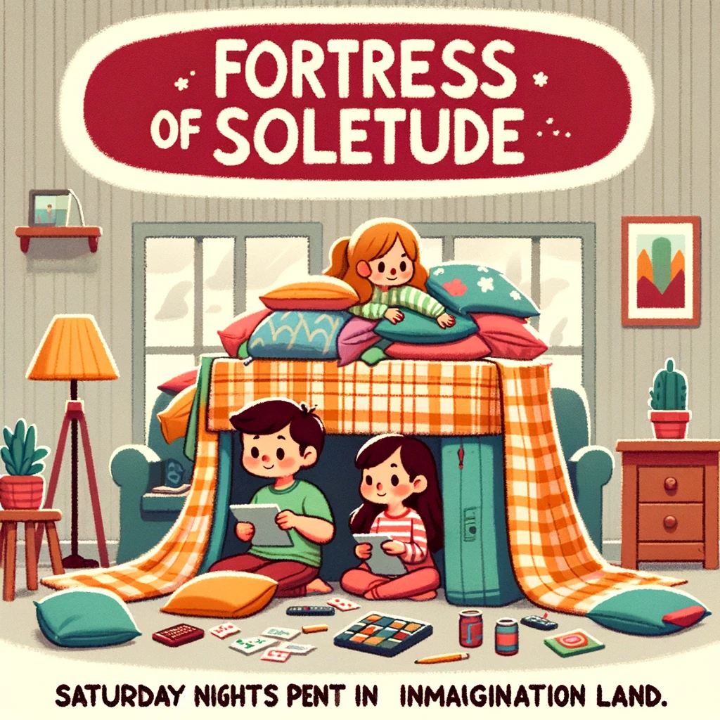 A playful illustration of a cartoon family building a fort out of blankets and pillows in their living room. The caption reads, 'Fortress of solitude: Saturday nights spent in imagination land.'