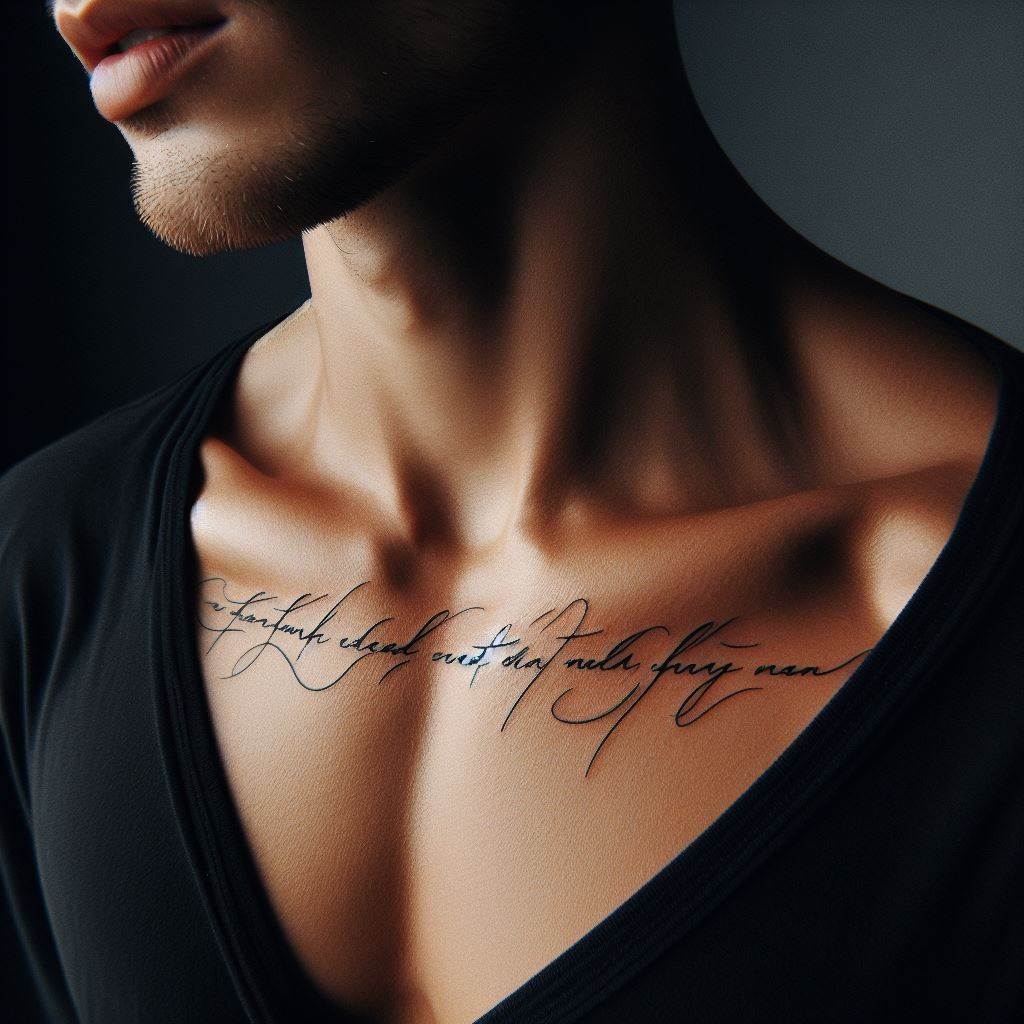 A subtle collarbone tattoo featuring a quote in elegant script, the words flowing gracefully along a man's collarbone, offering inspiration or personal significance in a highly visible yet intimate placement.