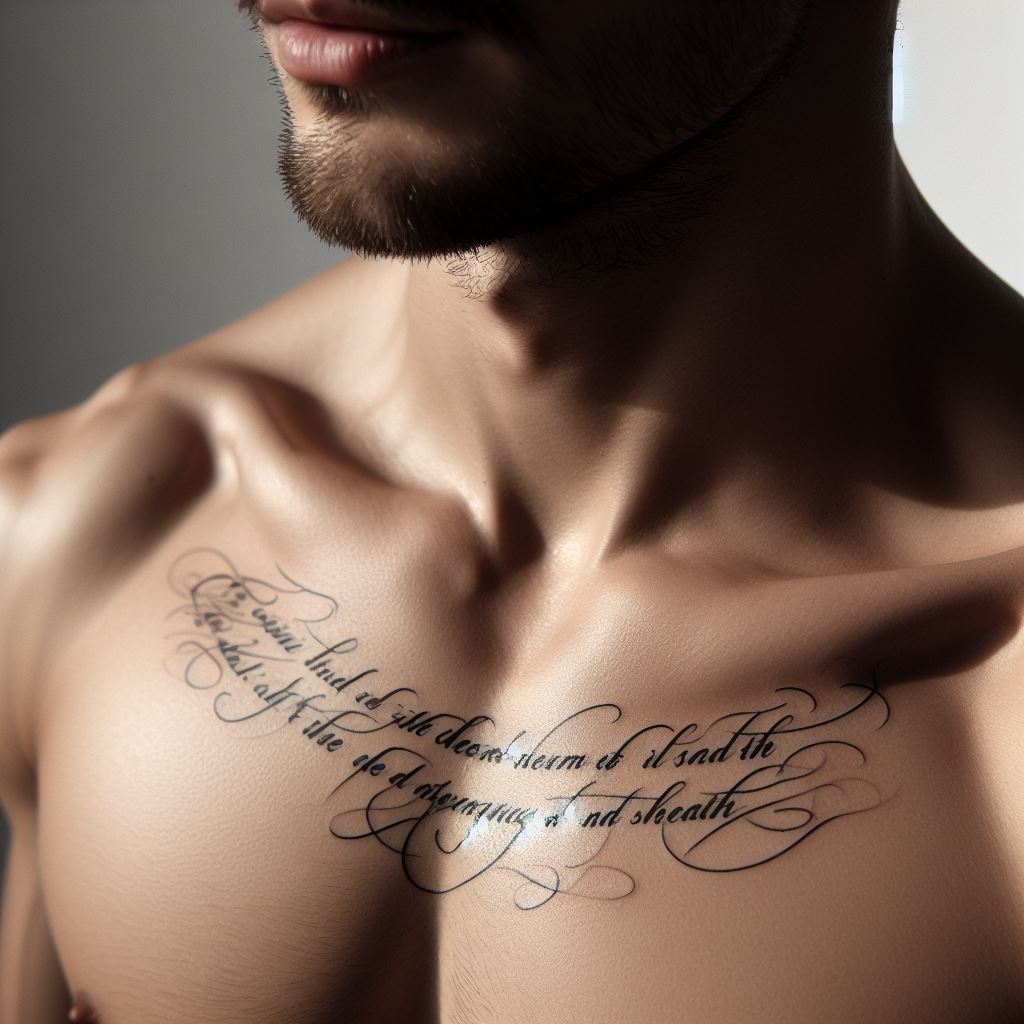 A subtle collarbone tattoo featuring a quote in elegant script, the words flowing gracefully along a man's collarbone, offering inspiration or personal significance in a highly visible yet intimate placement.