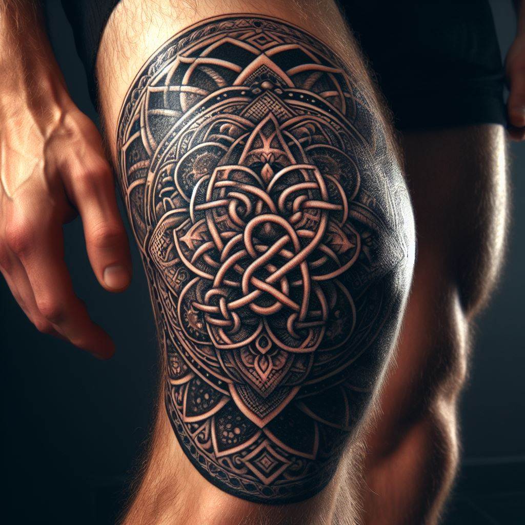 A striking knee tattoo, with a mandala or Celtic knot design encircling a man's knee, symbolizing unity and eternity, with intricate details that enhance the visual impact of the area.