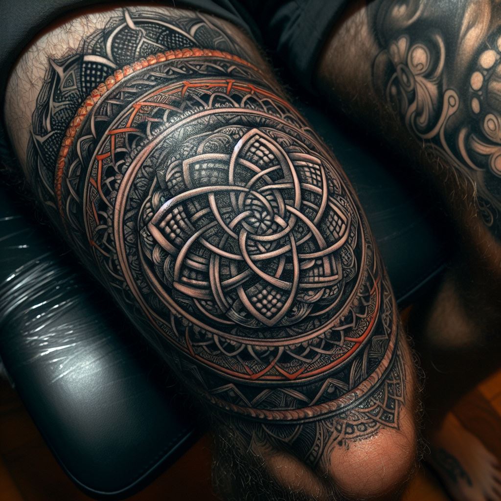 A striking knee tattoo, with a mandala or Celtic knot design encircling a man's knee, symbolizing unity and eternity, with intricate details that enhance the visual impact of the area.