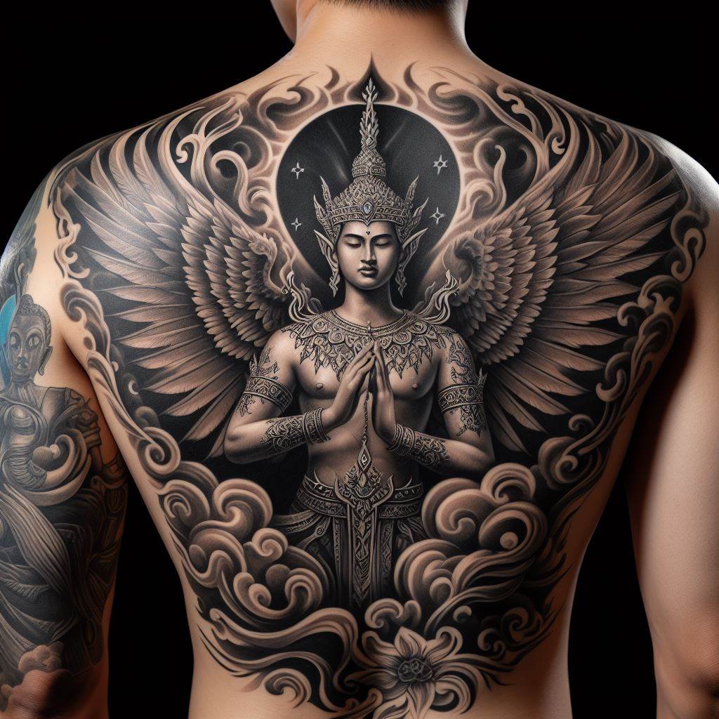 A chest to shoulder tattoo depicting an angel or guardian figure, with wings extending from a man's back across the shoulders and the figure's gaze or action directed forward, embodying protection and guidance.