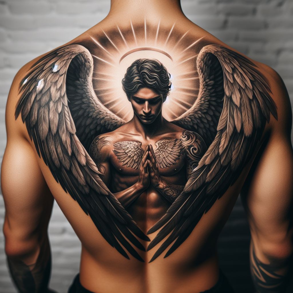 A chest to shoulder tattoo depicting an angel or guardian figure, with wings extending from a man's back across the shoulders and the figure's gaze or action directed forward, embodying protection and guidance.