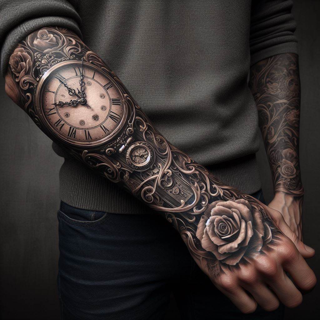 A man's forearm tattoo of a detailed clock or timepiece, intertwined with roses or other elements, representing the passage of time and the fleeting nature of life, with each detail meticulously rendered.