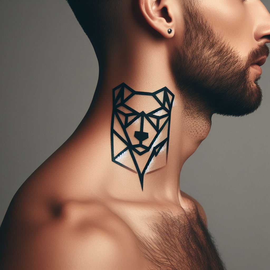 A tattoo placed at the side of the man's neck, depicting a minimalist geometric bear head. The design uses clean, sharp lines to form the abstract silhouette of a bear, symbolizing strength in simplicity. This tattoo is both bold and discreet, making a statement without overwhelming, perfectly suited for the neck.
