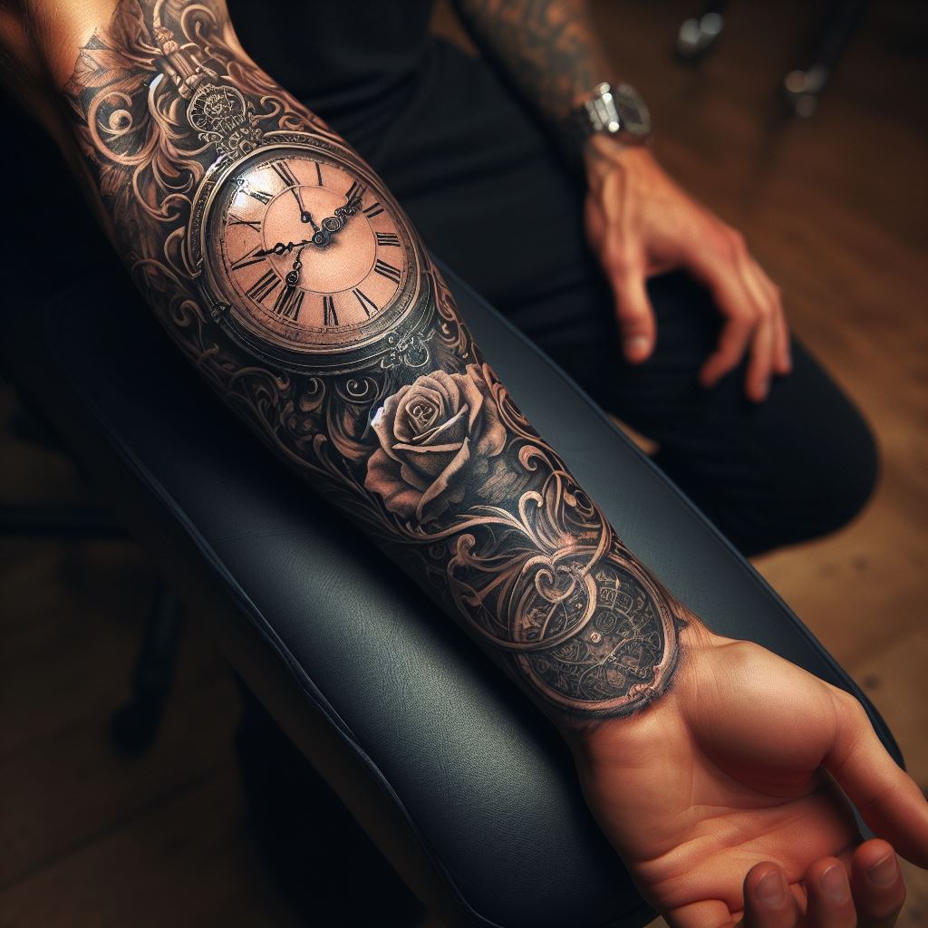 A man's forearm tattoo of a detailed clock or timepiece, intertwined with roses or other elements, representing the passage of time and the fleeting nature of life, with each detail meticulously rendered.