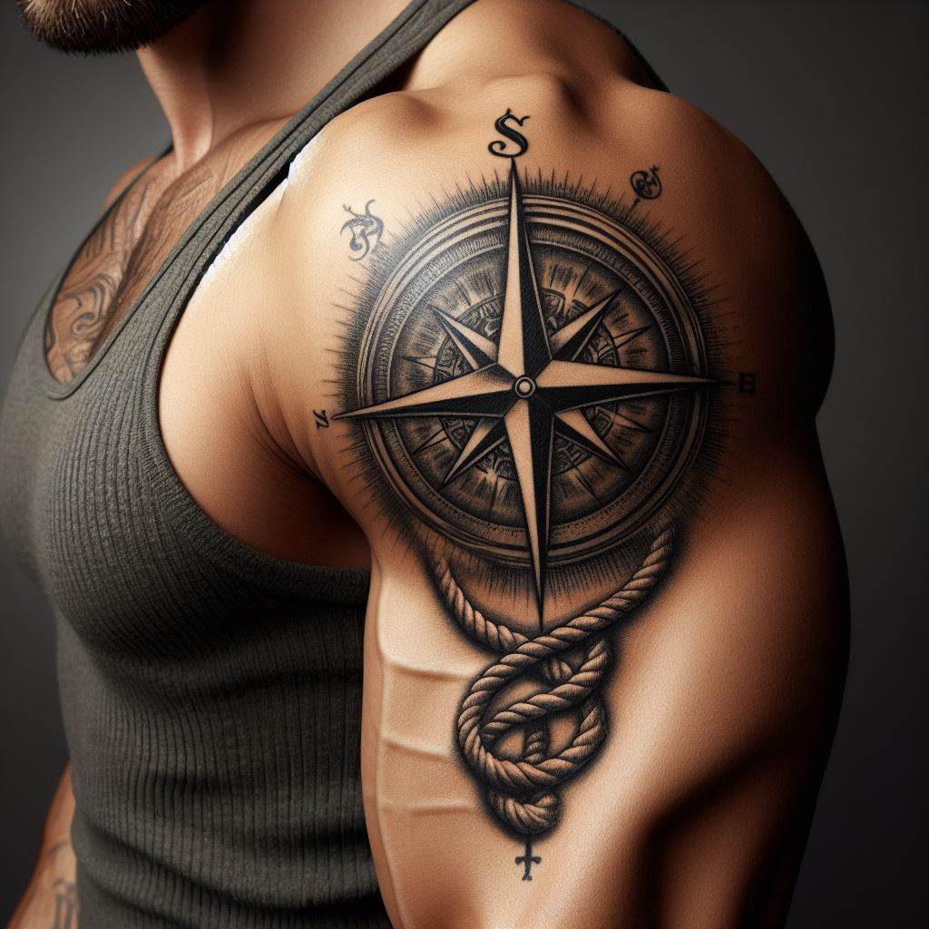 A man's bicep tattoo of a vintage compass rose, encircled by a nautical rope or chain, symbolizing direction, exploration, and a journey through life, positioned to accentuate the muscle’s shape.