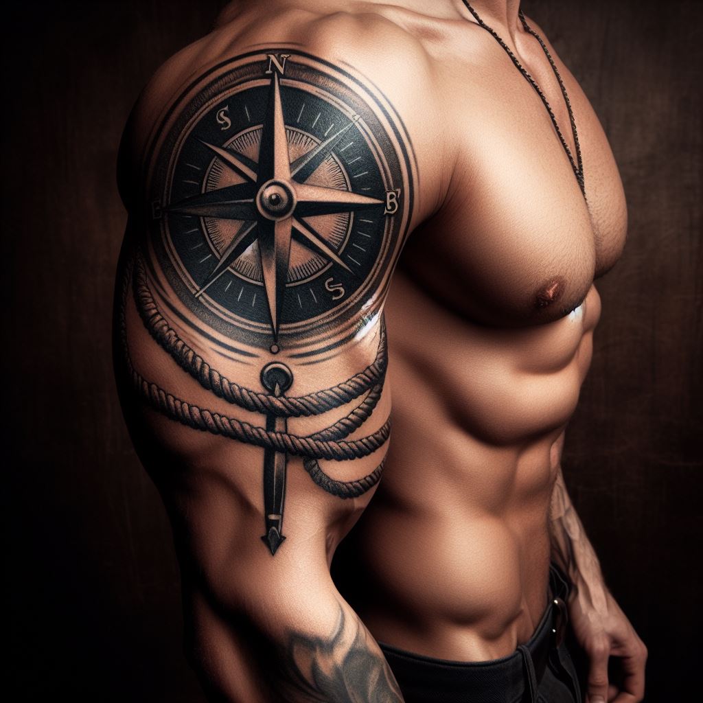 A man's bicep tattoo of a vintage compass rose, encircled by a nautical rope or chain, symbolizing direction, exploration, and a journey through life, positioned to accentuate the muscle’s shape.